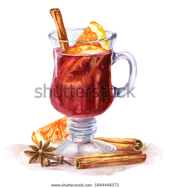 Watercolor\
mulled wine with orange, cinnamon and spices on white background.\
Watercolour fall season food illustration.	\
