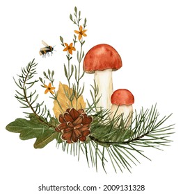 Watercolor Mushroom Fall Composition Clipart With Pine Branches, Pinecone, Yellow Flowers, Bumble Bee, Autumn Clip Art For Thanksgiving Greeting Cards, Invitations