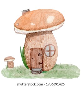 Watercolor mushroom house in meadow  Isolated illustration white background