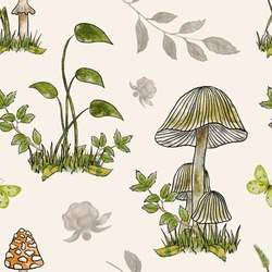 Watercolor Mushroom Seamless Pattern. Pattern With Toadstool Mushrooms, Wild Berries, Butterfly And Grass. Hand Drawing