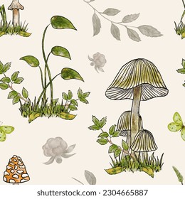 Watercolor mushroom seamless pattern  Pattern and toadstool mushrooms  wild berries  butterfly   grass  Hand drawing
