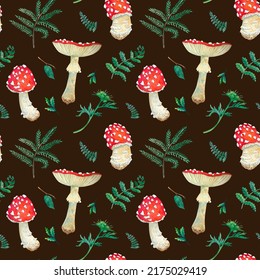 Watercolor Mushrooms Leaves Fern Seamless Pattern Stock Illustration ...