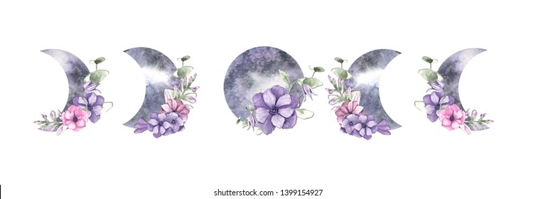 
Watercolor Mystical Moon, Watercolor Crescent Set With Flowers