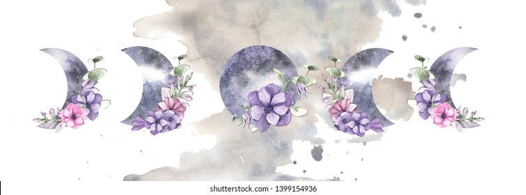 
Watercolor Mystical Moon, Watercolor Crescent Set With Flowers