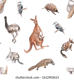 Watercolor Native Australian Animals Seamless Pattern. Kangaroo, Koala, Platypus, Emu, Bilby, Echidna, Numbat. Concept For Wallpaper, Fabric, Stationery Design, Wrapping Paper, Clothes, Sticker