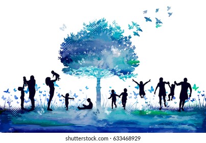 Watercolor Nature Tree And Silhouettes Of The Family. Raster