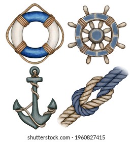 Watercolor Nautical Icons Buoy Anchor Wheel And Knot
