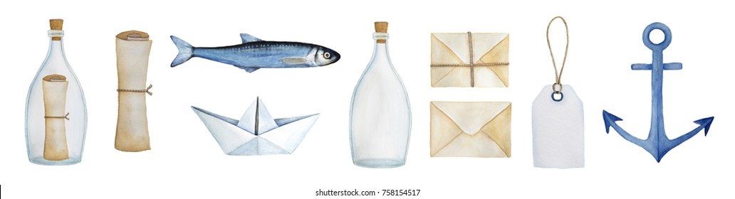 Watercolor nautical illustration collection  Sail  travel  sea  delivery system  shipping  fishing set  Paper boat  navy anchor  message in bottle  empty bottle  kraft packages  fish  paper scroll 