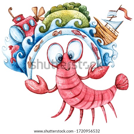 Watercolor nautical illustration. Hand painted cartoon character-crab with submarine, waves, fish, ship. Illustration isolated  on white background. Perfect for pattern, kid's room poster, baby book