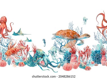 Watercolor nautical seamless border. Hand painted underwater repeating ornate with fishes, turtle, octopus and corals on white background. Sea wallpaper design
