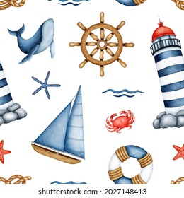 Watercolor Nautical seamless pattern. Hand drawn Lighthouse, Sailboat, Underwater Animal, Ship steering wheel, lifebuoy, rope knot, wave. Sea Life. Marine background for nursery print, fabric, textile