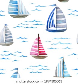 Watercolor Nautical Seamless Pattern, Sailboat Digital Paper Pack