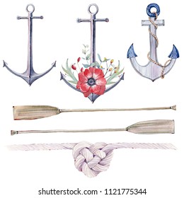 Watercolor nautical set. Floral decoration bohemian design. Watercolor isolated. Perfect for invitation, wedding or greeting cards.