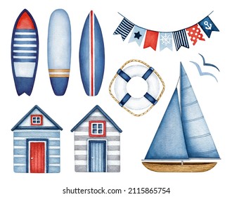 Watercolor Nautical Set. Sailboat, Lighthouse, Beach Houses, Surfing Boards And Holiday Flag Bunting. Summer Sea Party, Ocean Travel, Vacations, Water Sport. Marine Hand Drawn Design Elements Isolated