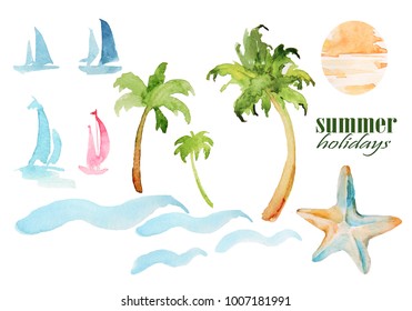 Watercolor nautical theme on white background. 
Items summer vacation: palm trees, umbrellas, waves can be used to design greeting cards, wedding invitation, birthday, calendar, photo album, books - Powered by Shutterstock