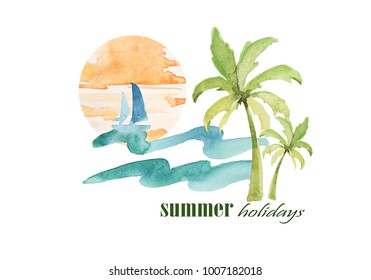 Watercolor nautical theme on white background. 
Items summer vacation: palm trees, umbrellas, waves can be used to design greeting cards, wedding invitation, birthday, calendar, photo album, books - Powered by Shutterstock