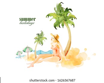 Watercolor nautical theme on white background. Items summer
vacation: palm trees, umbrellas, waves can be used to design 
greeting cards, wedding invitation, birthday, calendar, photo album, 
books