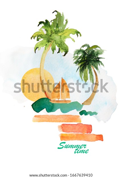 Watercolor nautical theme on white background.\
Items summer\
 vacation: palm trees, car, waves. can be used to\
design \
greeting cards, wedding invitation, birthday, calendar,\
photo album,\
\
books
