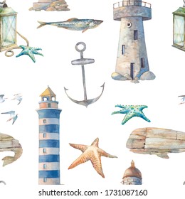 Watercolor Lighthouse Illustration Isolated Lighthouse Seagulls Stock ...