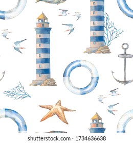 Watercolor Nautical Wallpaper. Vintage Seamless Pattern With Lighthouse