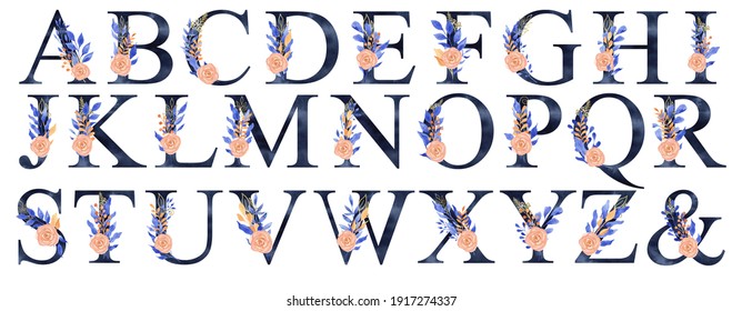 Watercolor Navy Blue Floral Alphabet Set Collection with blue and orange foliage and rose composition. Wedding invitations, baby shower, sublimation design, birthday, other concept ideas.