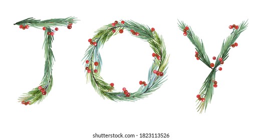 Watercolor  New Year 2021 Joy Symbol. Christmas Card Greenery Clipart,  New Year Watercolor Clip Art, Christmas  Wreath, Lettering