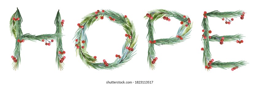 Watercolor  New Year 2021Hope Symbol. Christmas Card Greenery Clipart,  New Year Watercolor Clip Art, Christmas  Wreath, Lettering