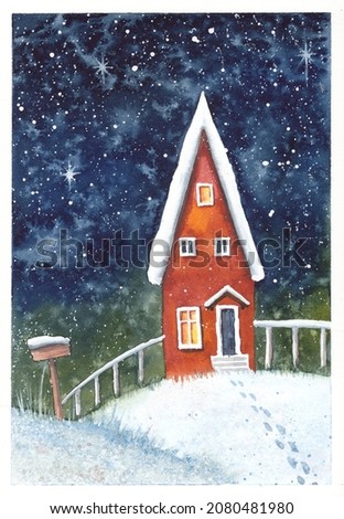 Watercolor new year card. Winter landscape with a red cozy house covered with snow. Night Christmas landscape with a starry sky.