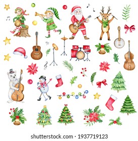 Watercolor new year cartoon illustration with santa claus, elfes, bear, reindeer, snowman playing musical instruments. Watercolor illustration isolated on white background