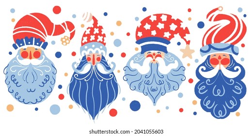 Watercolor new year set with illustration of vintage cute santa claus isolated on white background. Funny Santa faces with red hats, white and blue beards, snowflakes, doodle, dots.