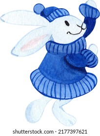 Watercolor New Year's White Hare In Blue