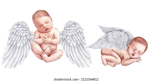 Watercolor Newborn Baby Angel With Wings Isolated Elements On White Background