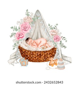 Watercolor newborn baby compositions clipart. Baby shower invitations clipart. Nursery decor clipart. Kids nursery decor high quality hand painted illustration.  - Powered by Shutterstock