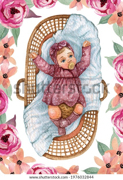 Watercolor Newborn Baby Girl Moses Basket Stock Illustration 1976032844