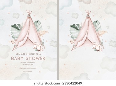 Watercolor newborn Baby Shower greeting card with babies boy. Birthday baby shower of new born baby and pregrand women invitation - Powered by Shutterstock