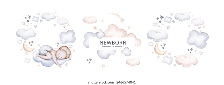 Watercolor newborn Baby Shower greeting card with babies boy. Birthday set of new born baby and pregrand women invitation - Powered by Shutterstock