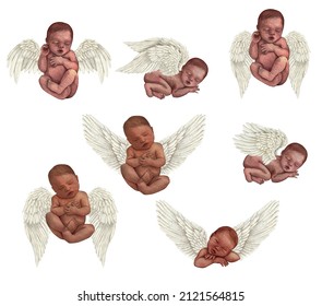 Watercolor Newborn Dark Skin Baby Angel With Wings Isolated Elements On White Background