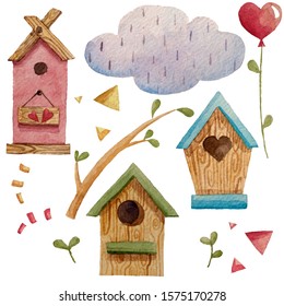 Watercolor Nice Birdhouse Pattern Handdraw Sky Love Heart Valentine's Day