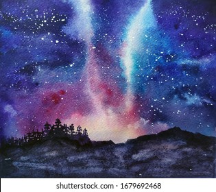 Watercolor Night Landscape With Starry Sky, Mountains And Forest