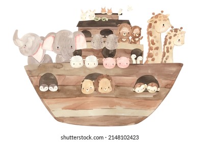 Watercolor Noah's Ark. Illustration For Kids