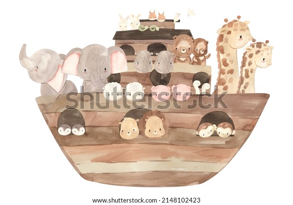 Watercolor Noah\'s Ark.\
Illustration for\
kids