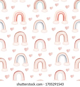 Watercolor nursery boho seamless pattern in neutral color with rainbows, hearts, clouds. Kids digital paper, baby boy and girl rainbow background.