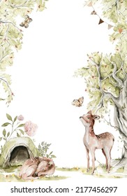 Watercolor Nursery Frame. Hand Painted Woodland Border Of Cute Baby Animals In Wild, Forest Summer Landscape, Tree, Deer, Fawn. Illustration For Baby Shower Design, Kids Print, Wall Art