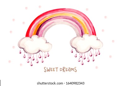 Watercolor nursery greeting cards with Color Rainbow, Clouds, raindrops, motivating quote. Watercolour holiday Illustration Invitation wallpaper design. Celebration template. Summer graphic background