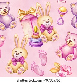 Watercolor Nursery Seamless Pattern, Baby Girl, Baby Care Background, Children Toys