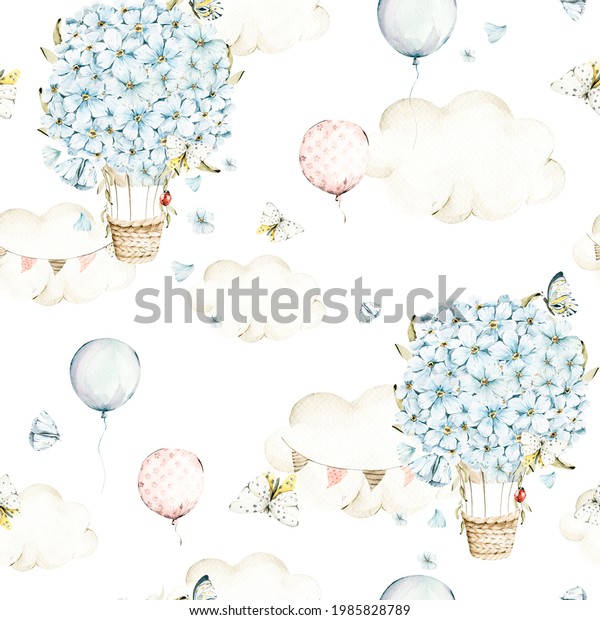 水彩苗代手描きのかわいい蝶花熱風船青花白い背景に デザイン 印刷 壁紙のイラスト のイラスト素材