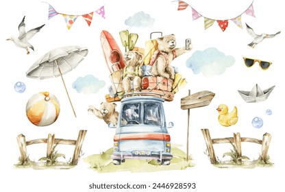 Watercolor nursery summer set of sea travel. Hand painted cute animal family of bear character, trip by card, baby toys, clouds, beach, palm. Trip card, illustration for baby shower design, kids print - Powered by Shutterstock