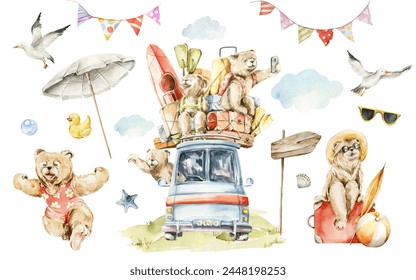 Watercolor nursery summer set of sea travel. Hand painted cute animal family of bear character, trip by card, baby toys, clouds, beach, palm. Trip card, illustration for baby shower design, kids print - Powered by Shutterstock