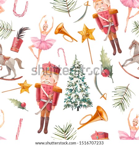 Watercolor Nutcracker tale seamless pattern. Christmas wallpaper in vintage style. Doll, wooden toys, fir, soldier on white background