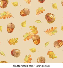 Watercolor Oak Leaves And Acorns On A Beige Background.Autumn Seamless Pattern. Forest Leaf Fall.Watercolour Soft Colour Illustration For Print,textile,wrapping Paper,scrapbooking,wallpaper.